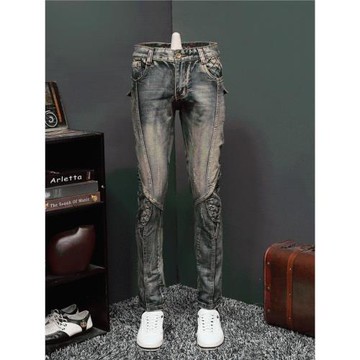 2025秋冬新款季機車日系復古懷舊拼接牛仔褲男長褲子修身青年小腳