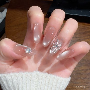 🎀純手工穿戴甲🎀手工玻璃珠煙花貓眼高級美甲顯白清冷感手工穿戴甲光療指甲貼片新年美甲貼片顯白美甲片高級感穿戴甲 NKBV