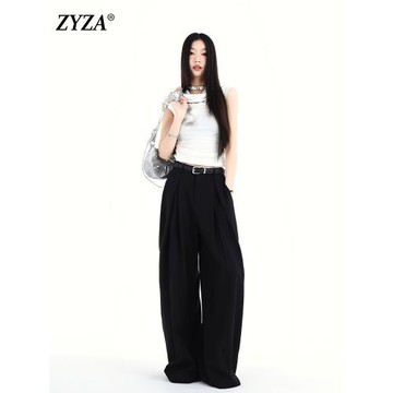 ZYZA黑色褲子闊腿休閑褲女2025年秋季新款寬松bf慵懶風垂感西裝褲