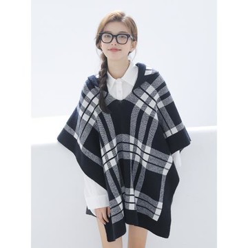 針織披肩斗篷女春秋季外搭高級感格子時尚保暖外套套頭式連帽披風