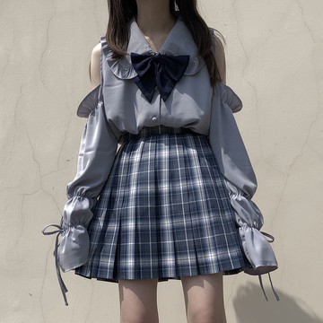 單/時尚jk制服格裙套裝女夏季新款露肩雪紡衫上衣百褶短裙兩件