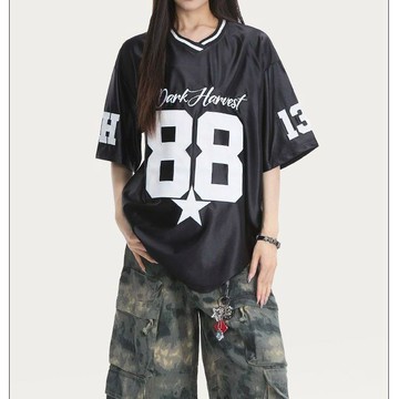 現款免運 大码美式复古短袖 冰球服 橄欖服 數字球衣 NASA聯名金玟池Minji同款美式v領運動球衣女數字印花短袖t恤