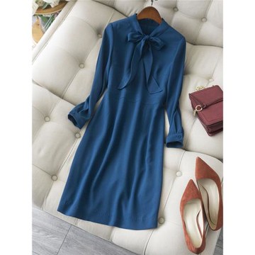 日雜風通勤系列顯白飄帶醋酸連衣裙春夏新品氣質修身顯瘦九分袖裙