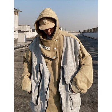 UUCSCC美式嘻哈假兩件連帽衛衣多口袋工裝大碼外套寬松休閑上衣男