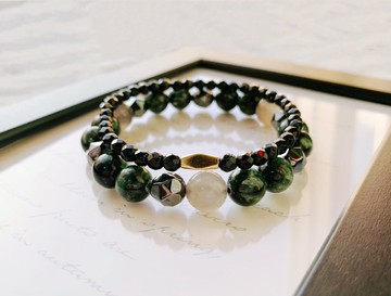 高品綠龍晶/灰太陽石/黑膽石/黑瑪瑙 手作設計款能量水晶手鍊