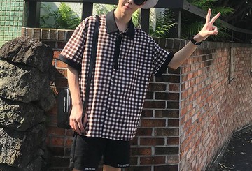 FINDSENSE H1夏季 新款文藝 格子 復古 時尚  寬鬆  短袖 POLO衫 翻領T恤 潮男 上衣