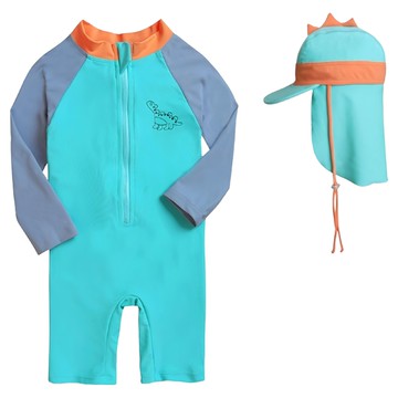 愛北鼻 寶寶連體泳衣送遮陽帽 長袖 可愛造型防曬泳裝  6碼  恐龍  1入