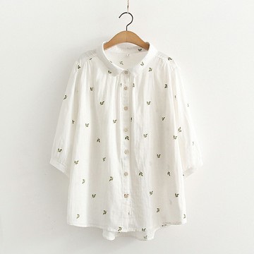 ＊ORead＊文藝小清新樹葉印花寬鬆翻領中袖襯衫(白色F碼)【限定加碼✿全館滿額再折】