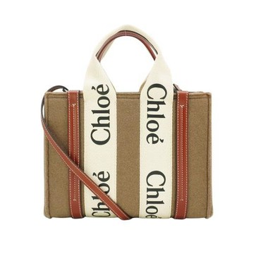 Chloe Woody 毛氈帆布刺繡拼接手提二用托特包-小(深卡其)