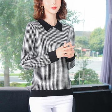 娃娃領毛衣千鳥格子針織打底衫女春秋內搭長袖上衣線衫2025年新款