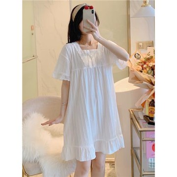 睡裙女夏季薄款純棉公主甜美短袖花邊宮廷風孕婦白色性感睡衣裙子