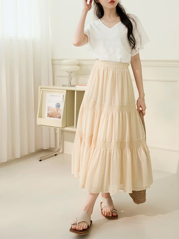 拼接打纜腰鬆緊長裙