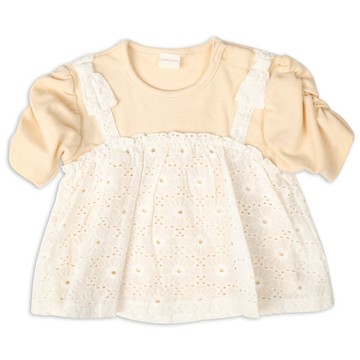 akachan honpo - 短袖假兩件T恤-蕾絲-米白色