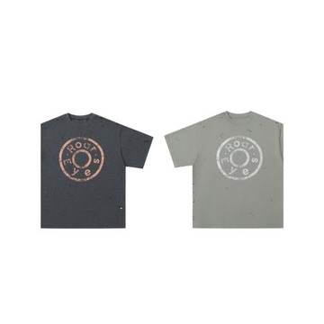 咆哮的小眼睛25SS 圓環圈AC做舊印花黑灰色水洗破壞寬松短袖T恤