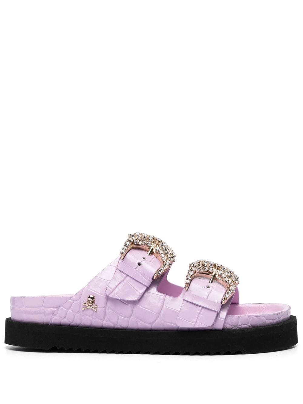 Philipp Plein - crystal buckle leather sandals - women - Calf Leather/Calf Leather/Crystal/Rubber - 40 - Purple