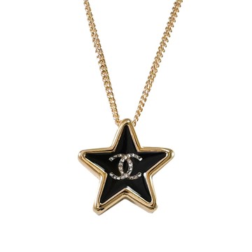 CHANEL ABG573 經典水鑽CC LOGO琺瑯星星吊墜鎖骨項鍊.黑/金