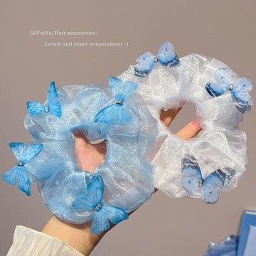 【蜜糖の髮飾】臺灣出貨藍色超仙歐根紗蝴蝶大腸髮圈女丸子頭扎頭髮繩高彈力橡皮筋頭飾夏