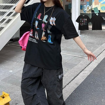 『1068』美式 復古 靴子 印花 街頭 寬鬆 短袖 上衣 短袖tee
