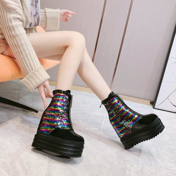 2024春季厚底女靴超高跟坡跟短筒靴時尚漆皮松糕底亮片中筒靴潮