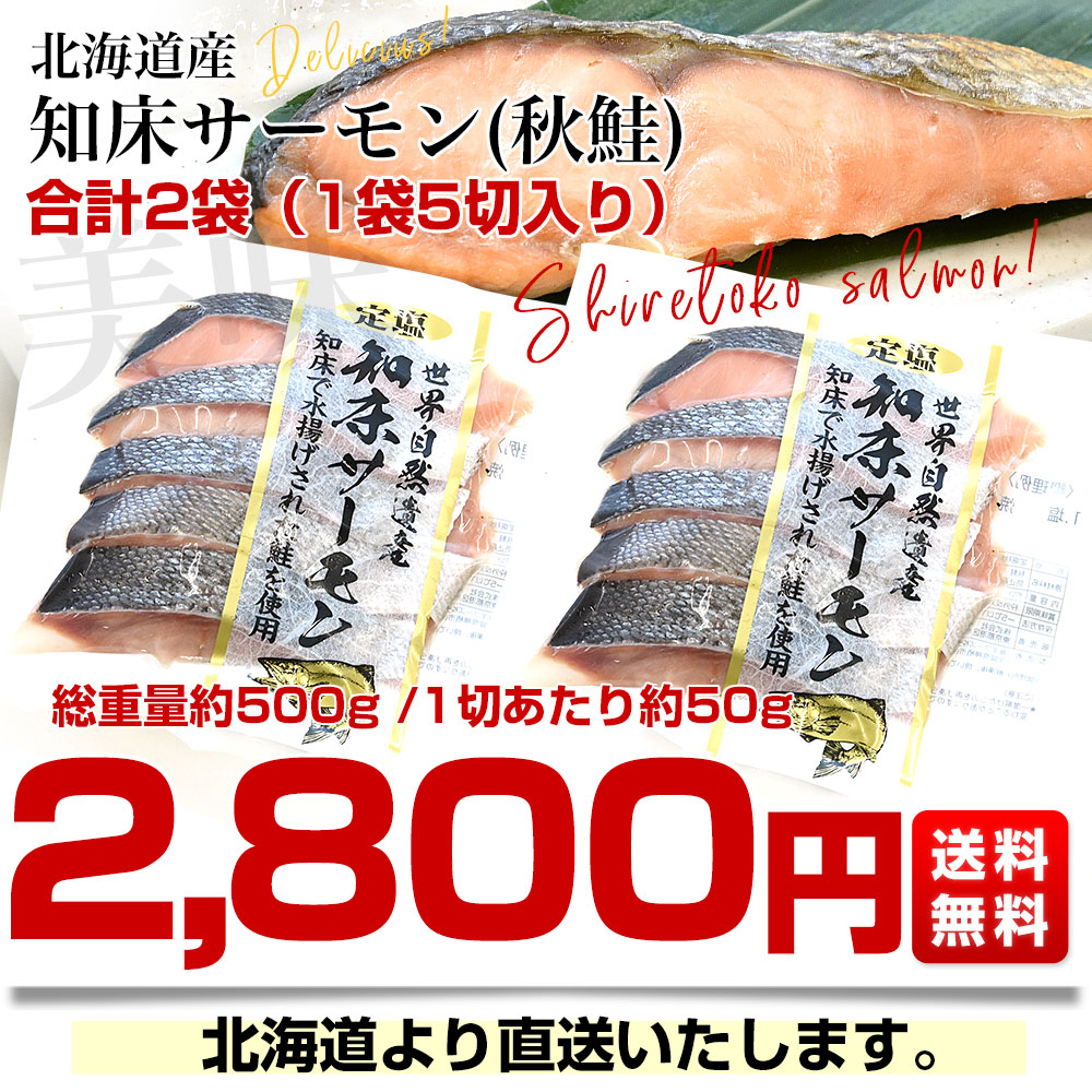北海道より直送 北海道産 知床サーモン(秋鮭) 合計2袋 (1袋：約50g×5切入り) 総重量約500g 送料無料 鮭 サケ 切り身