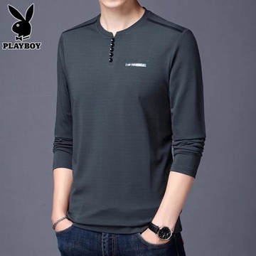 花花公子休閑長袖t恤男士v領打底上衣服2026年春季新款寬松體恤男