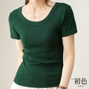 初色 U字領純色短袖T恤打底衫上衣修身彈力女上衣-共9色-35403(M-2XL可選)