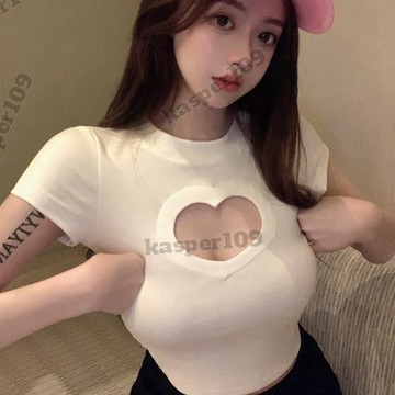 短袖上衣 愛心短版緊身短袖T恤女夏純欲奶甜辣妹獨特設計感小眾鏤空上衣ins