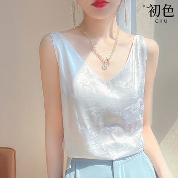 初色 名媛性感風純色緹花V領無袖緞面真絲吊帶背心女背心-共12色-13439(M-3XL可選)
