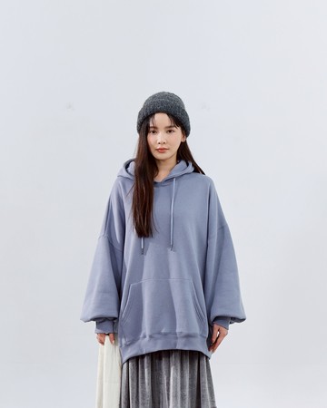 MIT 素面口袋造型刷毛連帽衛衣-灰藍