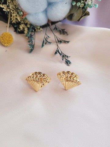 美國西洋古董飾品/法式多層雕花扇水鑽雙色夾式耳環Vintage復古