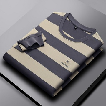 【新款熱賣】男裝 秋季新款厚實雙面平紋精美刺繡條紋圓領長袖休閑T恤