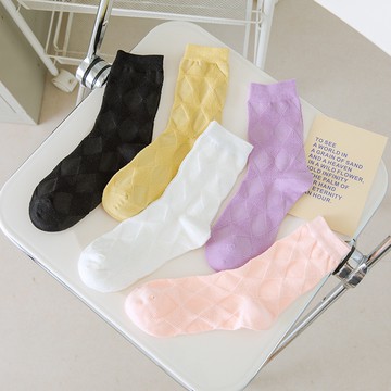 素色菱形格中筒襪 百搭薄款甜美少女襪子 透氣網眼長襪子