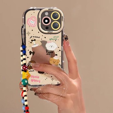 卡通小狗適用蘋果16promax手機殼新款補妝鏡子高級感iphone15Pro max帶掛繩女款16Plus鏡面保護套14Pro小眾13