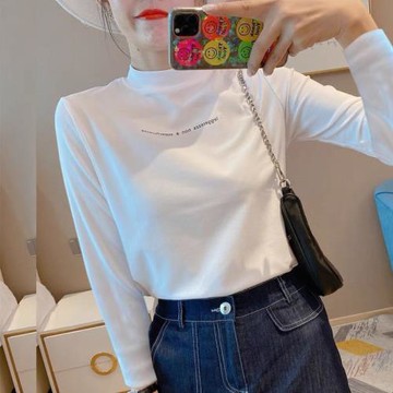白色半高領長袖t恤女春秋季2026新款正肩顯瘦洋氣棉質內搭打底衫