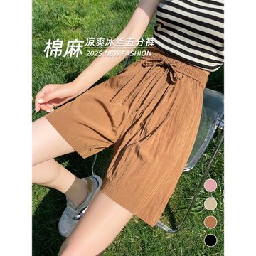 夏日多巴胺冰絲棉麻短褲女薄款高腰顯瘦休閑褲日系慵懶闊腿山本褲