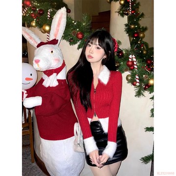闆娘推薦🌈別緻毛毛拼接上衣設計感小衆針織開衫新款短款秋冬修身紅色毛衣女