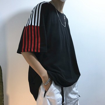 FINDSENSE Z1 日系 時尚 街頭 潮 男 休閒 寬鬆 五分袖 簡約拼色條紋 短袖T恤 特色短T