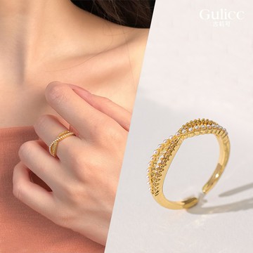 【Gulicc】戒指 輕奢珍珠交叉鋯石戒子