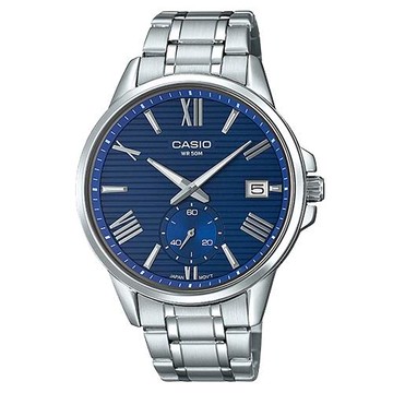 【CASIO 卡西歐】時尚雙眼男錶 不鏽鋼錶帶 藍 防水50米 礦物玻璃鏡面(MTP-EX100D-2A)