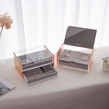 目喜生活｜玫瑰金月光雙層珠寶盒組合(大月光寶盒+雙層抽屜寶盒)