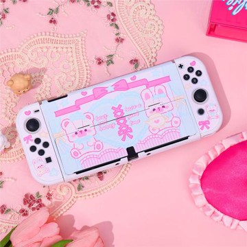 原創SWITCH OLED保護殼白色硬殼 NS保護套底座殼奶油小貓分體式