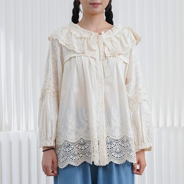 刺綉花邊荷葉領係帶襯衣121642C