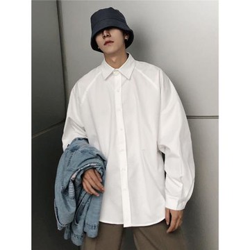 春秋長袖防曬襯衫男純色痞帥寬松休閑白襯衣港風潮流學生外套上衣