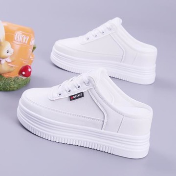 2025春季新款松糕厚底女鞋休閑防滑半拖女單鞋內增高拖鞋小白鞋女