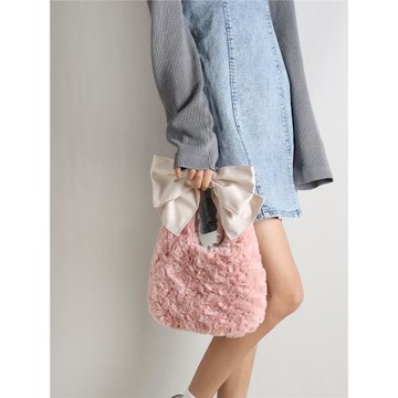 可愛毛絨絨蝴蝶結手提包包女冬季新款粉色軟萌大容量毛茸茸斜挎包