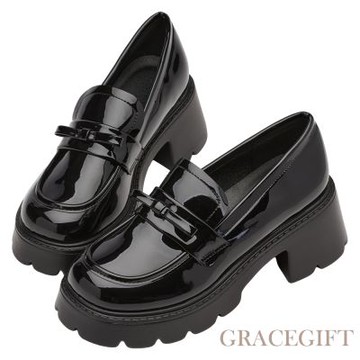 【Grace Gift】清甜學院風蝴蝶結輕量厚底樂福鞋 黑漆