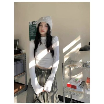 CHILL現貨 韓版側抓皺小立領長袖短版T短版上衣 女生短版緊身上衣 圓領上衣 短版長袖上衣 女裝 休閒上衣 預購