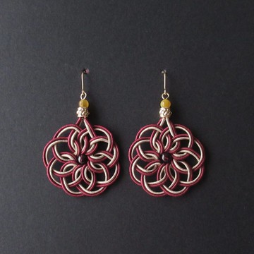 石榴石與黃虎眼石 手作水引耳環 曼荼羅結