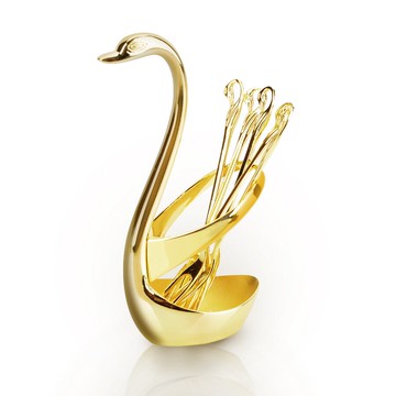 創意金色天鵝底座加6只水果叉餐具套裝時尚可愛廚具藝術餐具