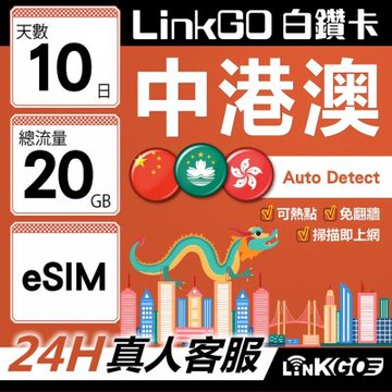 LINKGO白鑽卡 中港澳 eSIM卡 10天上網卡 總流量20GB 無限流量 免翻牆可熱點(中港澳網卡 中國 大陸 香港 澳門 虛擬卡)